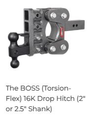 The BOSS TORSION-FLEX 2.5” Shank 5“ Drop 1.7K TW 16K Hitch & GH-051 Dual-Ball & GH-032 Pintle Lock